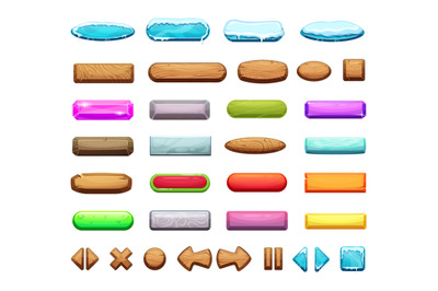 Game ui interface elements. Wooden, frozen buttons, colorful cartoon w