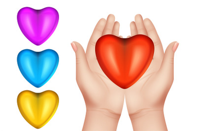 Hands holding hearts. Isolated realistic hand with red heart, vector v