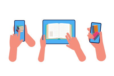 Online library. Hand hold smartphone and tablet with books, self educa