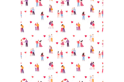 People in love pattern. Romantic dates, cute couples hugging. Hearts b