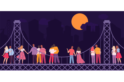 People look at full moon. Couples stand on bridge at night, evening ci