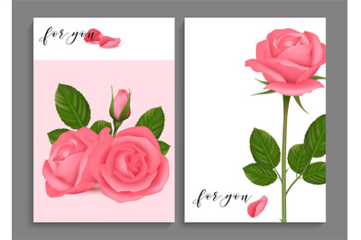 Rose postcards. Realistic roses cards&2C; love romantic banners. For you