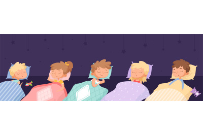 Sleepy kids. Cartoon children sleep, dreaming toddlers in kindergarten