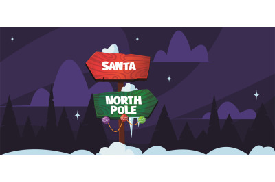 North pole background. Fairytale christmas snow landscape with wooden