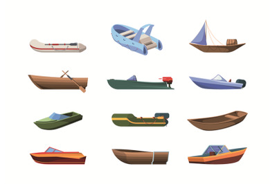 Wooden boats. Sea or ocean transport boats little ships garish vector