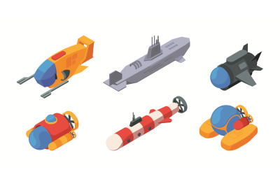 Submarine isometric. Ocean underwater exploring boats and ship with pe