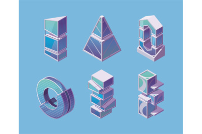 Futuristic buildings. Isometric modern skyscrapers geometric fantasy h