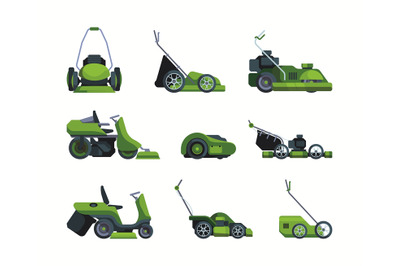 Lawn mowing. Gardening machines tractors for cutting spring green gras