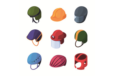 Protection helmets. Motorbike diving workers security caps astronauts