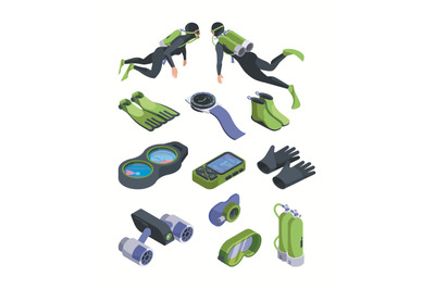 Diving tools. Swimming equipment dive scuba flippers snorkel air cylin