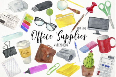 Watercolor Office Supplies Clipart, Work Clipart, Secretary Clipart