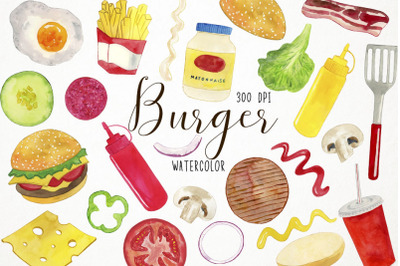 Watercolor Burger Clipart, Burger Ingredients Clipart, Bbq Clipart