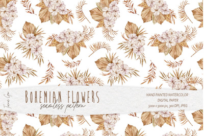 Watercolor boho floral seamless pattern- 1 JPEG file