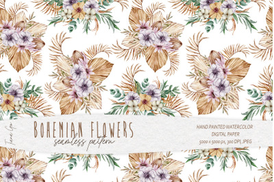 Watercolor boho floral seamless pattern- 1 JPEG file