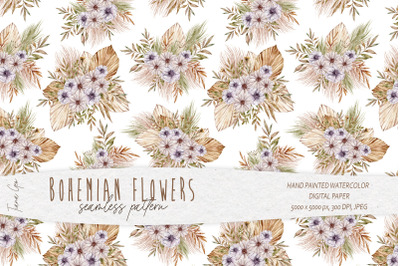 Watercolor boho floral seamless pattern- 1 JPEG file