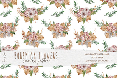 Watercolor boho floral seamless pattern- 1 JPEG file