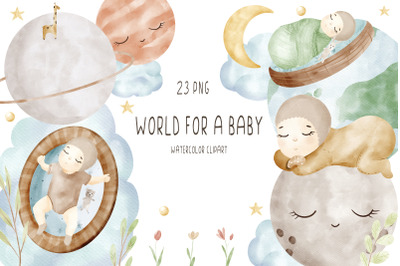 Watercolor space newborn baby clipart PNG, Planet clipart PNG, Baby sh