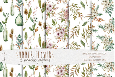 Watercolor boho floral seamless patterns- 5 JPEG files