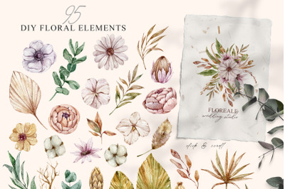 Watercolor boho floral clipart - 95 png files