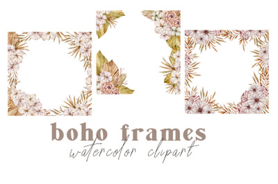 Watercolor boho floral frames clipart- 3 png files