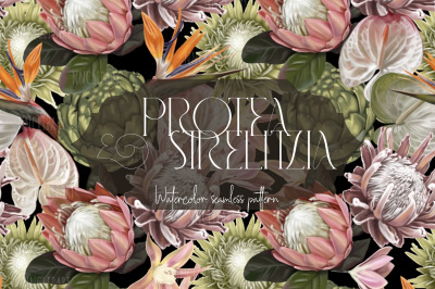 Wallpaper Protea, Strelitzia Seamless Pattern