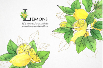 watercolor lemon clipart, citrus wedding invitation frame png