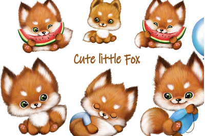Cute little fox clipart. Baby funny print, red foxes.