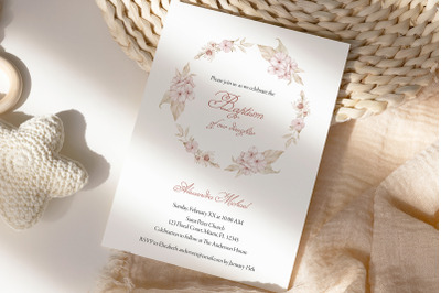 Baptism Invite Card Template Floral Hydrangea Wreath