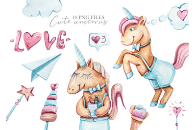 Watercolor cute unicorn clipart set- 10 png files