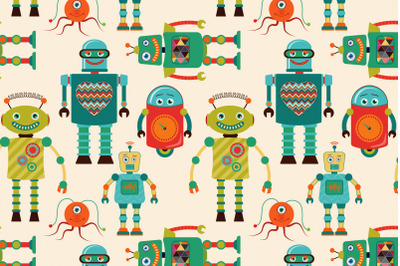 Cute Retro Robots Seamless Pattern, Vintage Hipster Background for Kid
