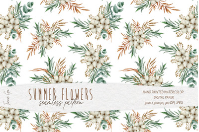 Watercolor eucalyptus and cotton flower seamless pattern