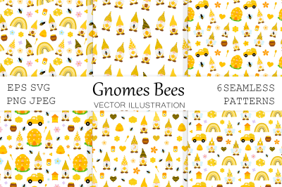 Gnomes Bees pattern. Gnomes Bees SVG. Gnome Honey background