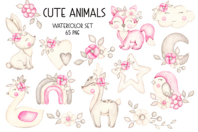 Watercolor set Cute Animals