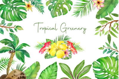 Tropical greenery watercolor set. Tropical leaves, flowers.