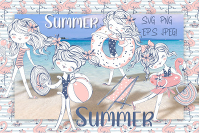 Summer girls on the beach. Vector. Svg Png Eps