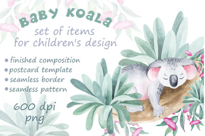 Baby koala. Set of watercolor illustrations. 600 dpi.