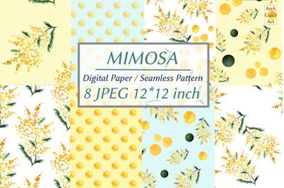 Watercolor mimosas, blossoming branches Digital paper