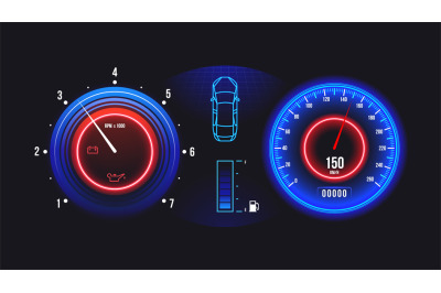 Car dashboard. Electric automobile speedometer odometer and tachometer