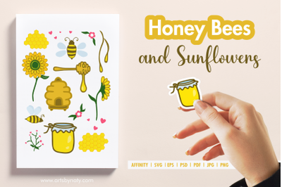 Honey Bees and Sunflowers SVG Clipart.