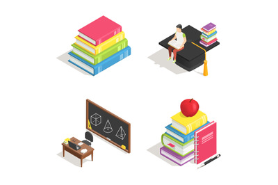 Isometric college education icon, stack of books and study