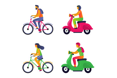 People on city transport, bicycle and motorcycle