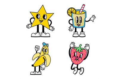 Trendy abstract cartoon character strawberry and banana