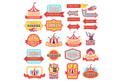 Vintage circus labels, fun entertaiment emblem collection