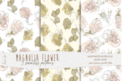 Pink line art magnolia seamless patterns - 3 JPEG files