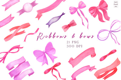 Watercolor pink ribbon and bows clipart.