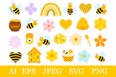 Bees stickers PNG. Bees stickers printable. Bees bundle
