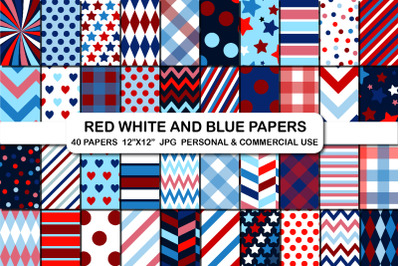 40 Red White and Blue Digital Papers Pack, Independence Day Background