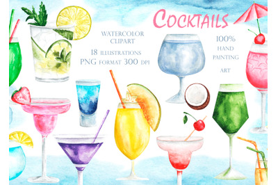 Cocktails watercolor clipart. Alcoholic cocktails. Milkshakes. Fruit