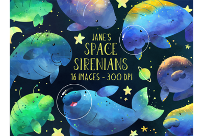 Watercolor Space Sirenians Clipart