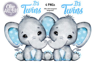 Twin Boys Elephants It&#039;s Twins clip art 4 PNG watercolor image